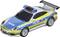 Toy model of a German police car, blue-yellow paintwork, with police lettering and blue emergency light on the roof.