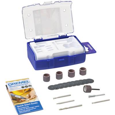 Dremel tool set with various grinding and drilling attachments in a blue box. Includes a quick start guide.