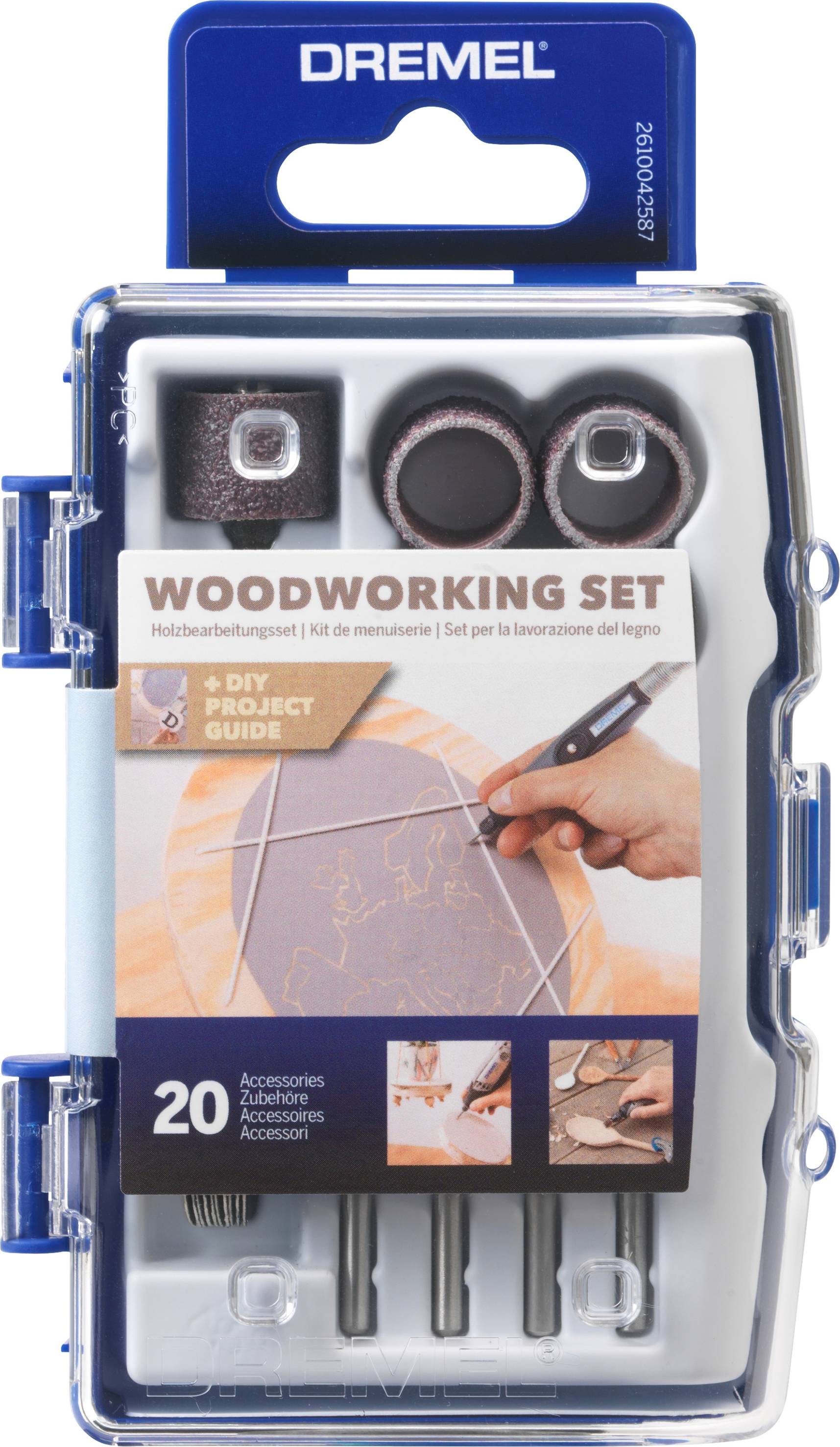 Dremel woodworking set with 20 accessories, perfect for DIY projects. Packaging depicts tools in use during wood carving.