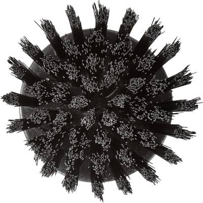 A round brush with dense black and a few white bristles, photographed from a bird's eye view.