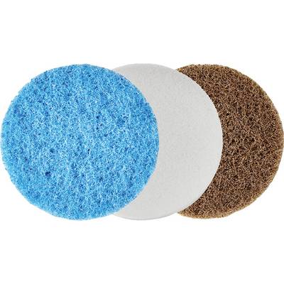 Three coloured pads, blue, white, and brown, positioned side by side. They have different textures and can be used for cleaning purposes.