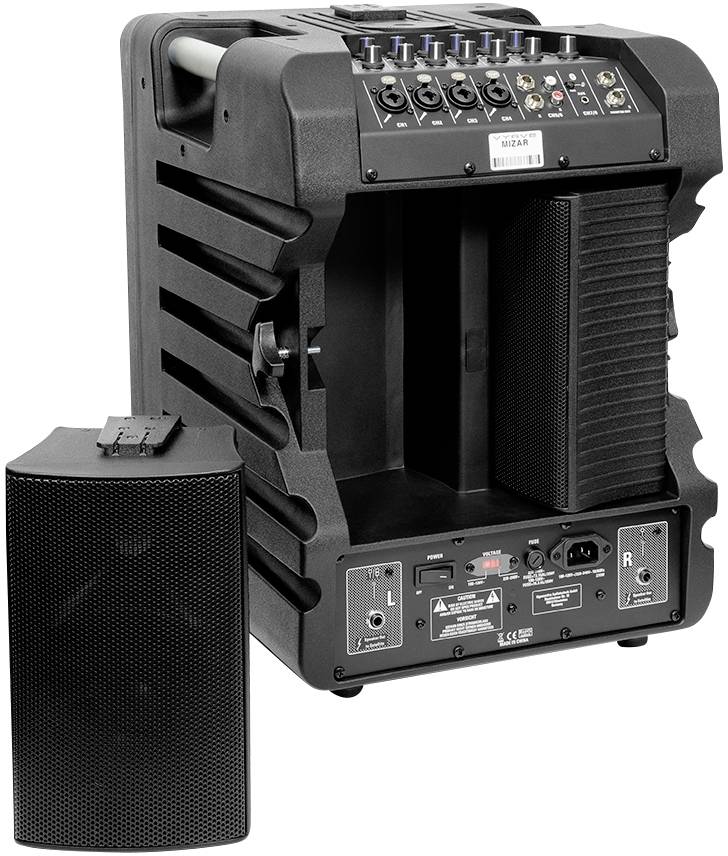 A black portable speaker system with two speaker units, multiple rotary knobs, and connection sockets on the top surface.