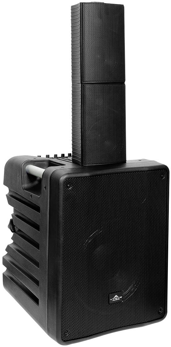 Portable speaker system with a black housing and extendable module on top, suitable for events and presentations.