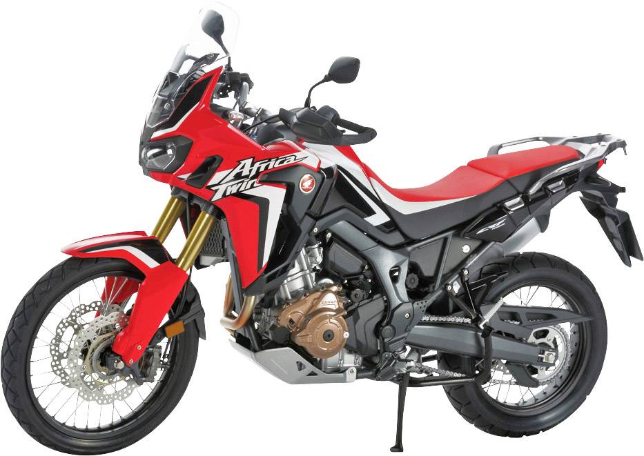 A red motorbike in a sporty design, viewed from the side, with black and white accents. It displays the inscription 'Africa Twin'.