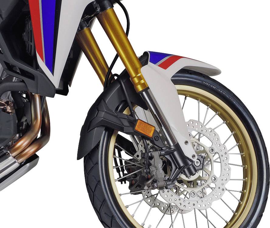 Front wheel of a motorcycle with gold-spoked rims, disc brakes, and red, blue, and white decorative details on the mudguard.