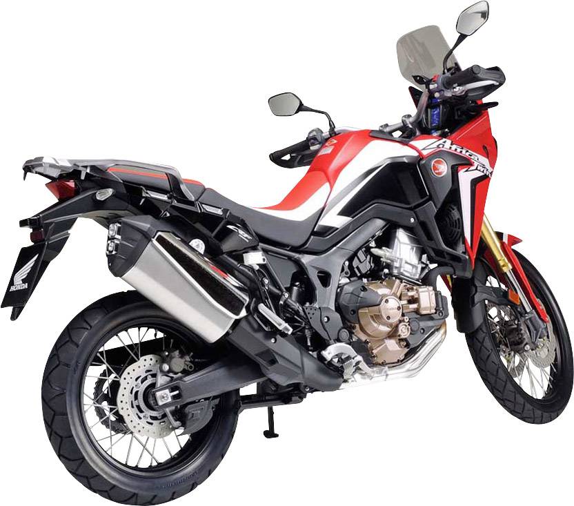 Red motorbike with sporty design, large exhaust and black seat. Functions for off-road and road riding.