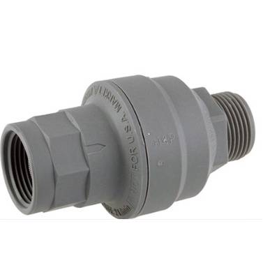 A grey plastic non-return valve with two threaded connections, 'H4P' label visible, used in pipe systems to prevent backflow.