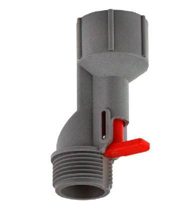 Grey valve with a red lever control, likely for liquid regulation.