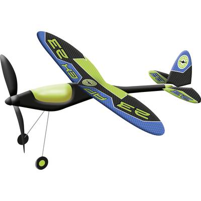 Plastic toy glider with a black fuselage, blue and green wings, visible propeller and tension rod.