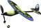 Plastic toy glider with a black fuselage, blue and green wings, visible propeller and tension rod.