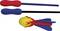 Three colourful foam toys: On top, a red rod; in the middle, a blue rod; below, a yellow rocket plane with a flame pattern.