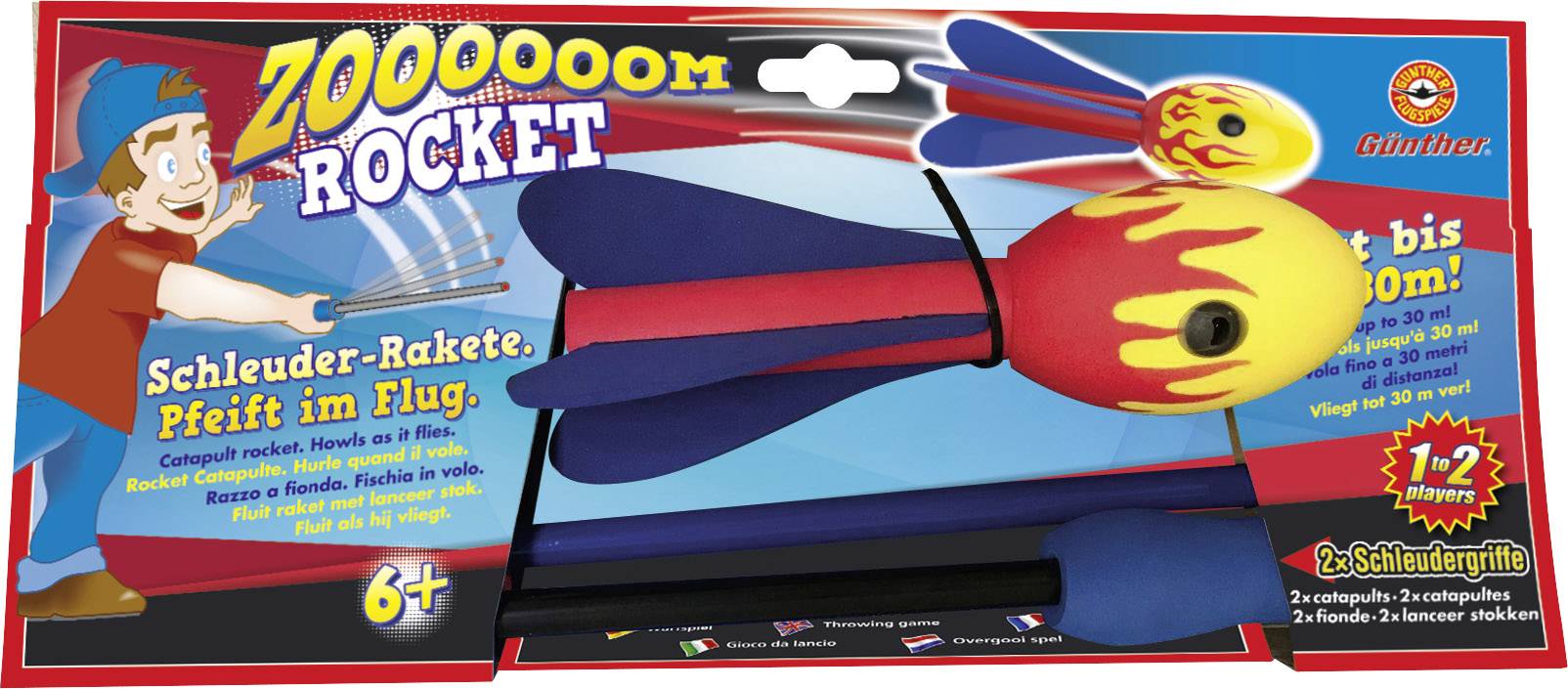 Toy Rocket Set 'ZOOM Rocket' for Children Aged 6+. Includes Launcher Handle and Rocket with Flame Design. Flies up to 30 metres.