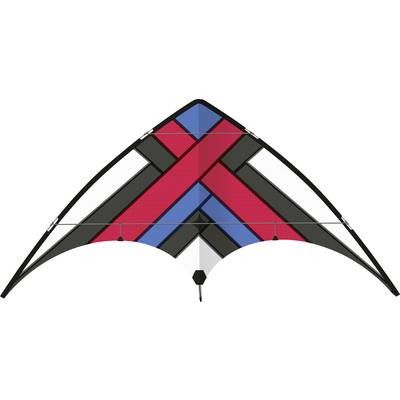 A colourful kite in red, blue and black displays a geometric pattern. The kite has a delta shape and is ready for takeoff.
