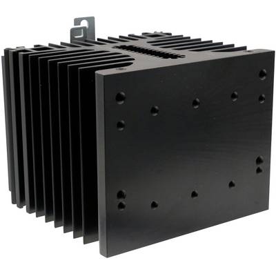 A rectangular, black heatsink with multiple fins for heat dissipation, suitable for electronic components.