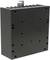A square black heatsink with cooling fins on top and holes on the front, made of metal.