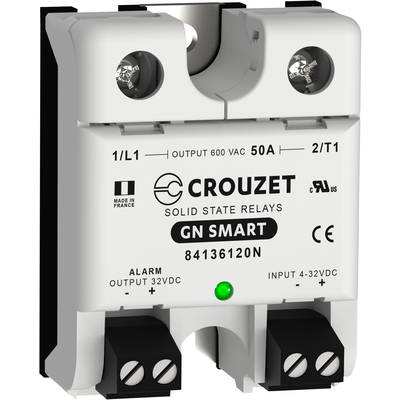 A Crouzet solid-state relay designated 'GN SMART', suitable for 600V AC and 50A, shows connections and certifications.