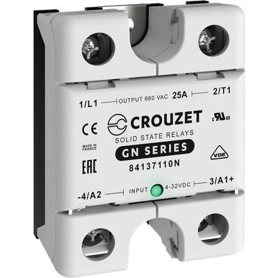 Solid state relay by Crouzet from the GN series, model 84137110N. Nominal voltage: 660 VAC, current: 25A. Input range: 4-32VDC.
