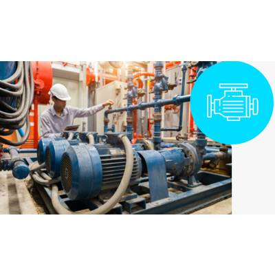 An engineer wearing a hard hat and carrying a tablet is inspecting an industrial facility with several blue pumps. A pump symbol is prominent in the foreground.