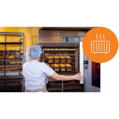 A female baker in work attire opens an oven where several trays of bread rolls are being baked. An icon for baking appears on the right.