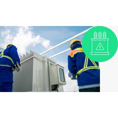 Two workers in protective clothing inspect a large industrial facility under a sunny sky. A high-voltage symbol is displayed.