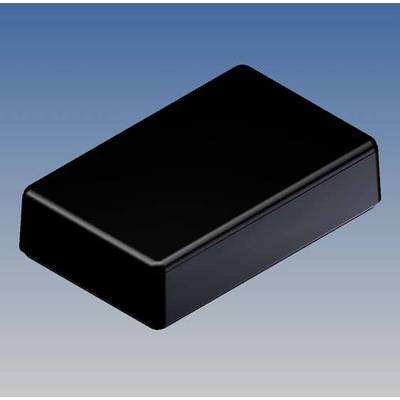 A rectangular black box set against a blue background. The box has a smooth surface and bevelled edges.