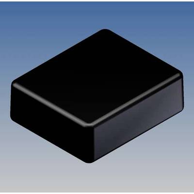A black, rectangular, flat object with rounded edges against a blue-white, gradient background.