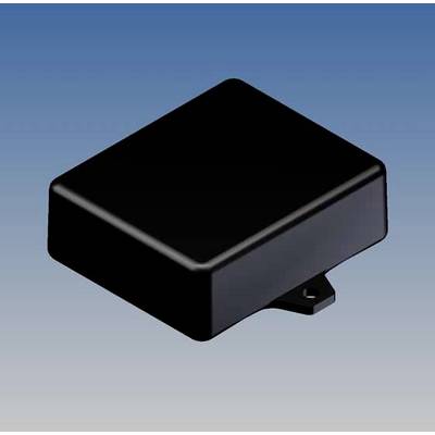 A rectangular, black enclosure against a blue background. It has a smooth surface with a small mounting tab.