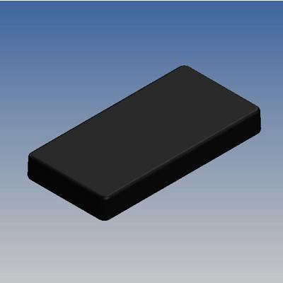 A rectangular, flat black object with rounded corners against a blue background.