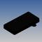 A black, rectangular object in front of a blue and white background. It resembles a flat casing or an electronic component.