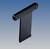 A black, flat metal blade with a rectangular handle at the top and rounded edges, depicted against a blue background.