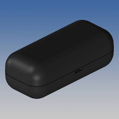 Black, rectangular plastic casing with rounded corners against a blue background.