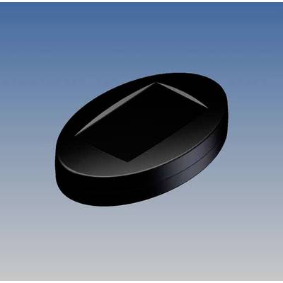 A black, oval object on a blue background. The object has a rectangular recess on its top surface.
