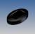 A black, oval object on a blue background. The object has a rectangular recess on its top surface.