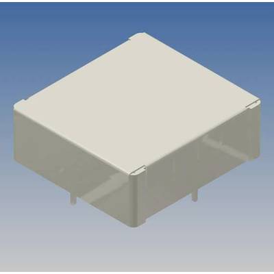 A grey-beige, square, electronic component in a 3D render on a blue background.
