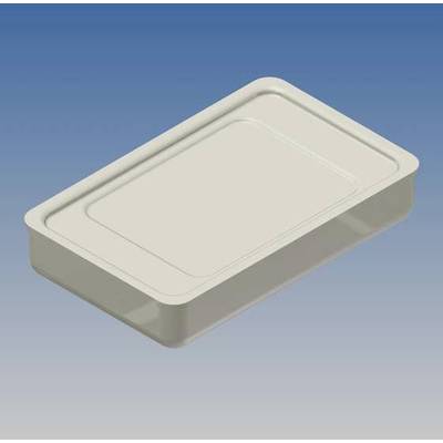 Rectangular white plastic container with a lid against a blue background. The container could be used for food packaging.
