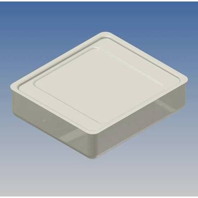 A rectangular plastic container with a lid, set against a blue background. The container is pale grey and transparent.