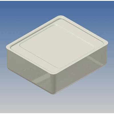 A square, transparent plastic container with a lid against a blue background.