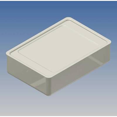 Rectangular, transparent plastic box with a lid, suspended against a blue background.