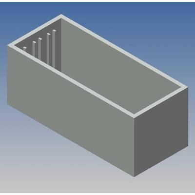 A rectangular, grey 3D container with an open top and vertical struts on an inner side, against a blue background.