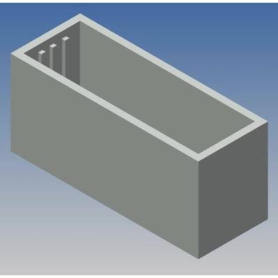Grey rectangular concrete partition wall with multiple vertical slits on one side, against a blue background.