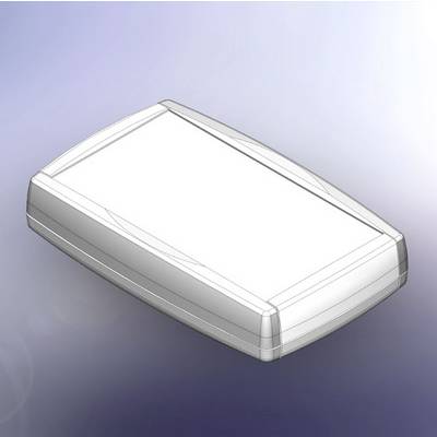 A rectangular, grey plastic casing with rounded edges rests on a blue background.