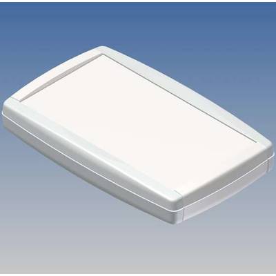 A white plastic enclosure with rounded edges, suitable for electronic devices. The background is blue.