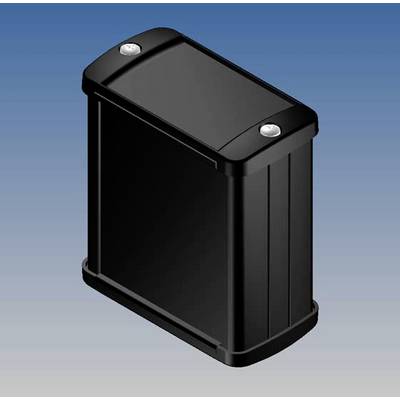 Black rectangular battery with rounded corners, positioned vertically, against a blue background.
