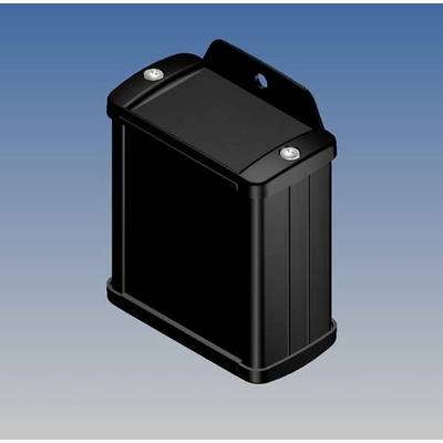 A black, rectangular enclosure with rounded edges and two silver screws on top, depicted against a blue background.