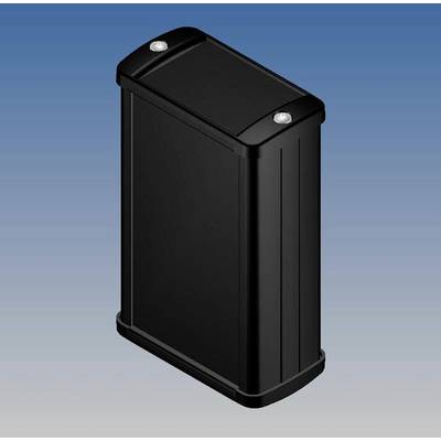 A black, rectangular bin with rounded corners on a blue and white background.