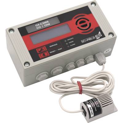 Gas detection device with digital display and sensor for CO and CH4. Displays operational, error, and alarm status, with buttons for service and testing.