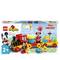 A LEGO DUPLO box shows the 'Mickey & Minnie Birthday Train' with Mickey and Minnie figures, a locomotive, a cake, and number bricks.