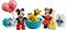 Mickey and Minnie Mouse are standing with Pluto between them. Minnie is holding a guitar, and two pink balloons are beside Mickey. Gift wrapping is in the background.