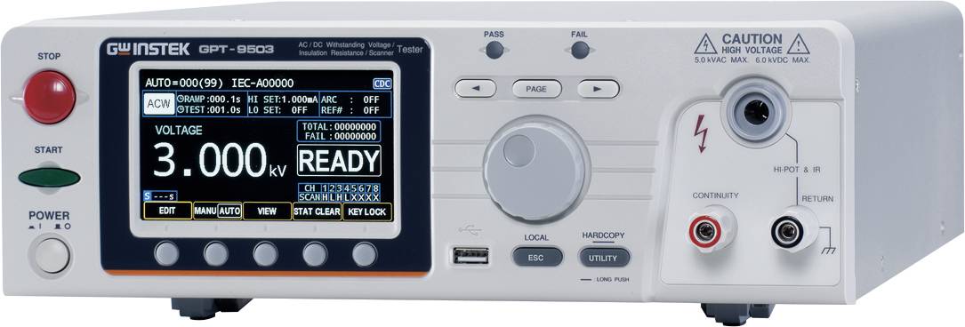 A GW INSTEK GPT-9600 device with a display for voltage setting, buttons and connections for conducting electrical tests.