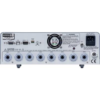 Rear view of an electronic device with six round ports, a fan, main power switch, and safety warnings.